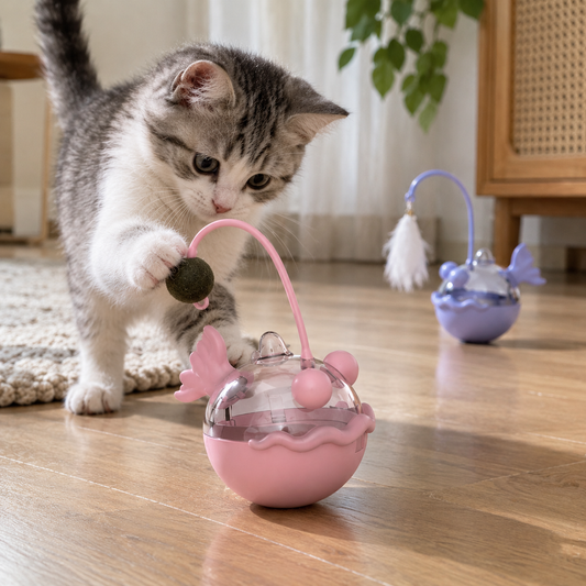 Interactive Tumbler Cat Toy – Food Dispenser, Catnip & Feather